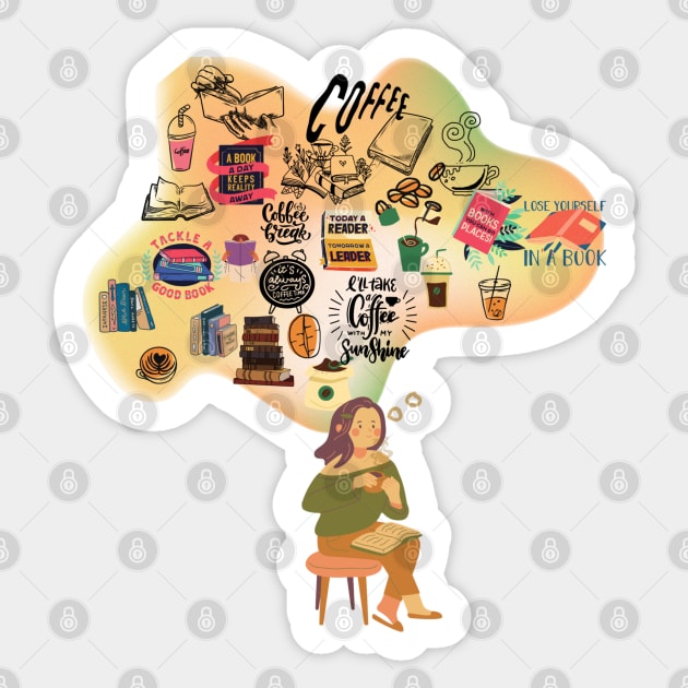 A girl drinking coffee and reading a book while imagining all things books and coffee Sticker by Haze and Jovial